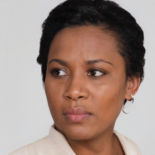 Neutral black young-adult female with short  black hair and brown eyes