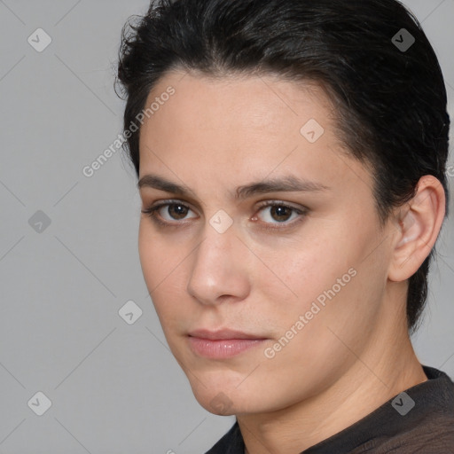 Neutral white young-adult female with medium  brown hair and brown eyes