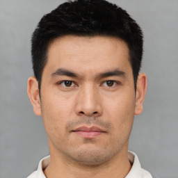 Neutral asian young-adult male with short  black hair and brown eyes