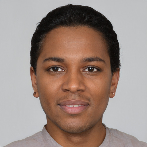Neutral black young-adult male with short  black hair and brown eyes
