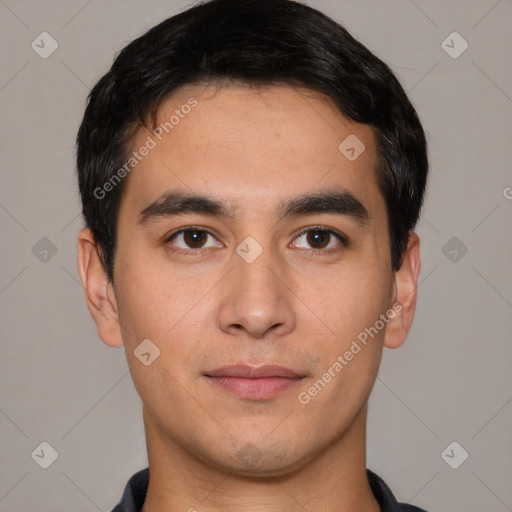 Joyful latino young-adult male with short  black hair and brown eyes