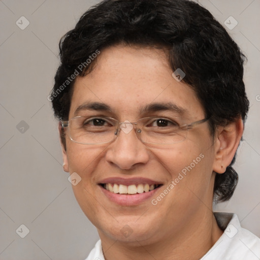 Joyful white adult female with short  brown hair and brown eyes