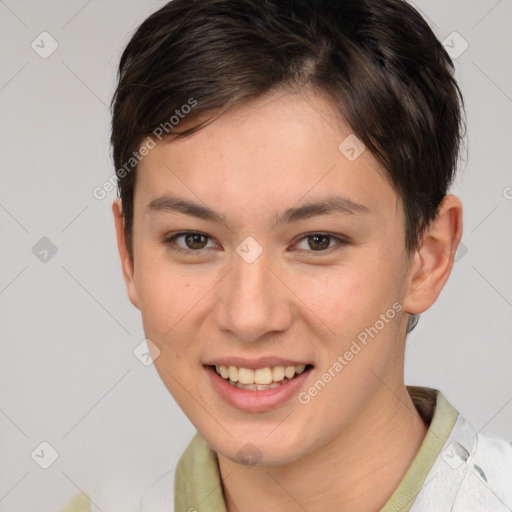 Joyful white young-adult female with short  brown hair and brown eyes