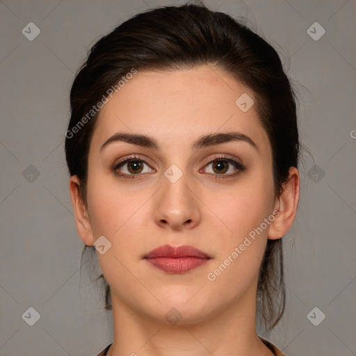 Neutral white young-adult female with long  brown hair and brown eyes