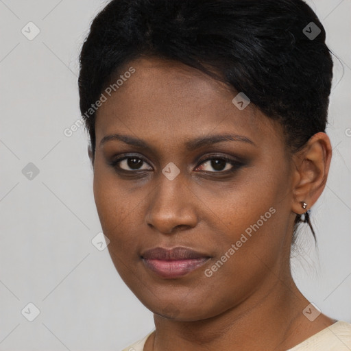 Neutral black young-adult female with short  black hair and brown eyes