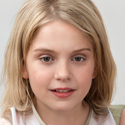 Joyful white child female with medium  brown hair and brown eyes