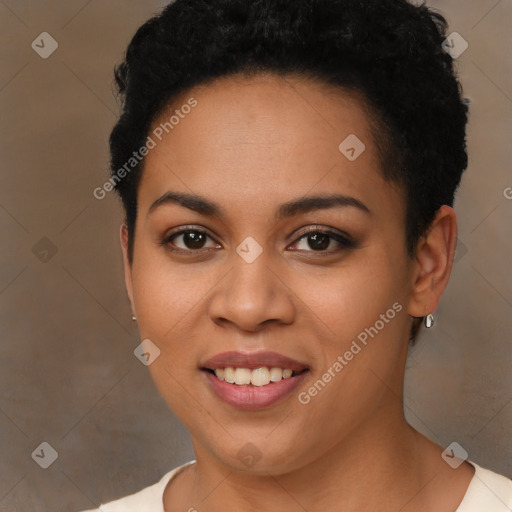 Joyful latino young-adult female with short  brown hair and brown eyes