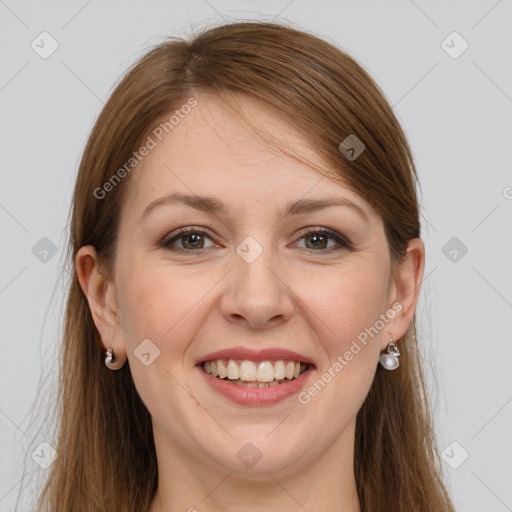 Joyful white young-adult female with long  brown hair and grey eyes