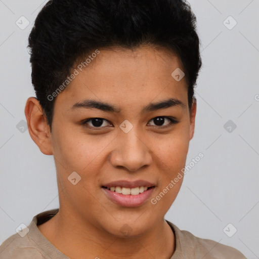 Joyful latino young-adult female with short  brown hair and brown eyes