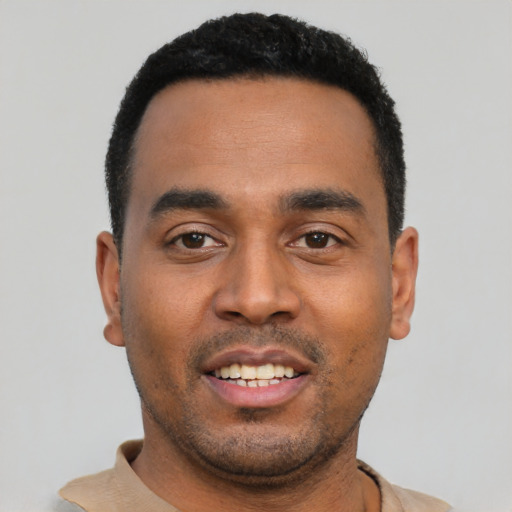 Neutral black young-adult male with short  black hair and brown eyes