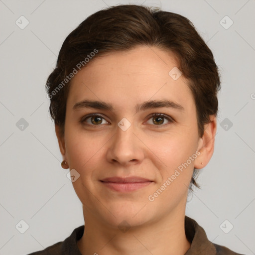 Joyful white young-adult female with short  brown hair and brown eyes