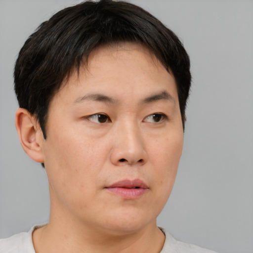 Neutral asian young-adult female with short  brown hair and brown eyes