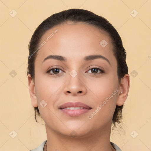 Joyful white young-adult female with long  brown hair and brown eyes