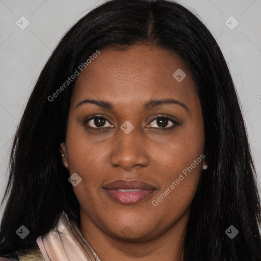Joyful asian young-adult female with long  brown hair and brown eyes