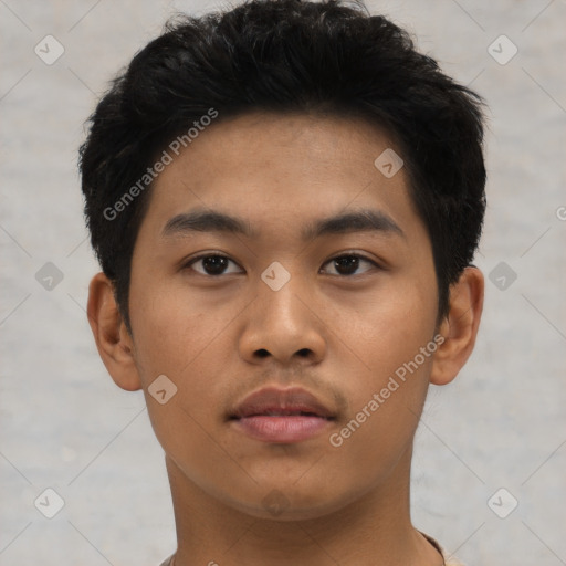 Neutral asian young-adult male with short  black hair and brown eyes