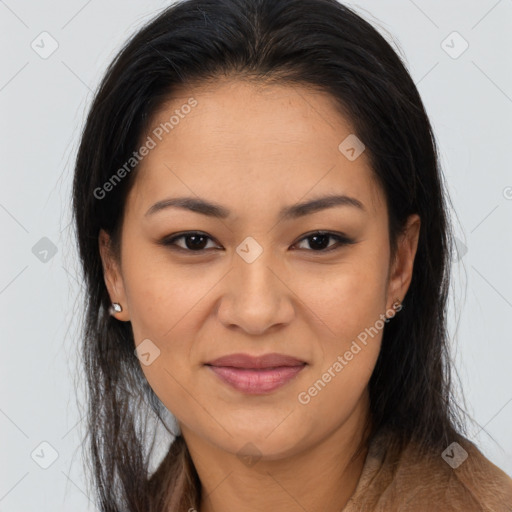 Joyful latino young-adult female with long  brown hair and brown eyes