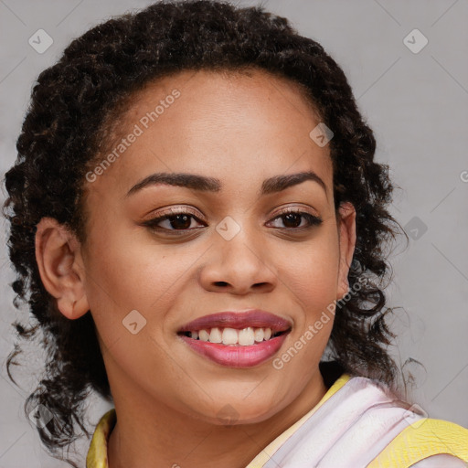 Joyful black young-adult female with medium  brown hair and brown eyes