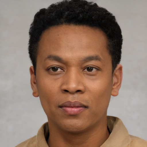 Neutral black young-adult male with short  black hair and brown eyes