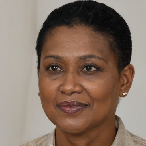 Joyful black adult female with short  brown hair and brown eyes
