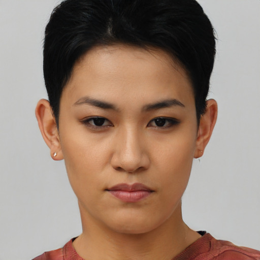 Neutral asian young-adult female with short  black hair and brown eyes