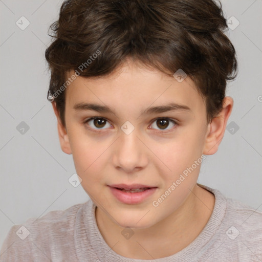 Joyful white child female with short  brown hair and brown eyes