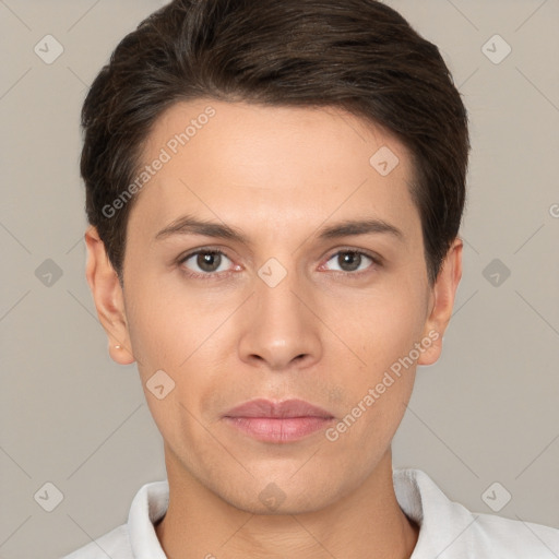 Neutral white young-adult male with short  brown hair and brown eyes