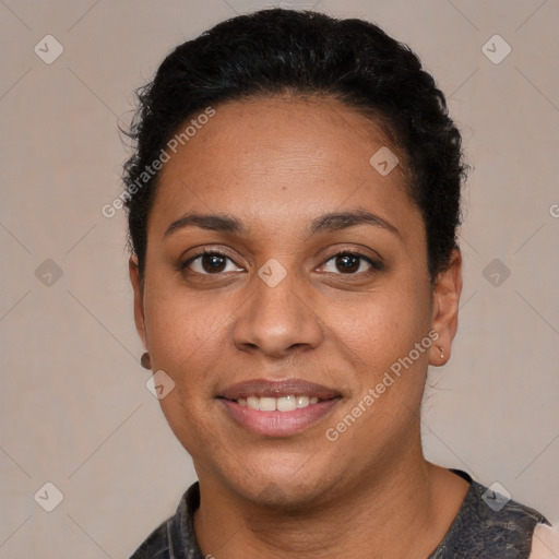 Joyful latino young-adult female with short  black hair and brown eyes