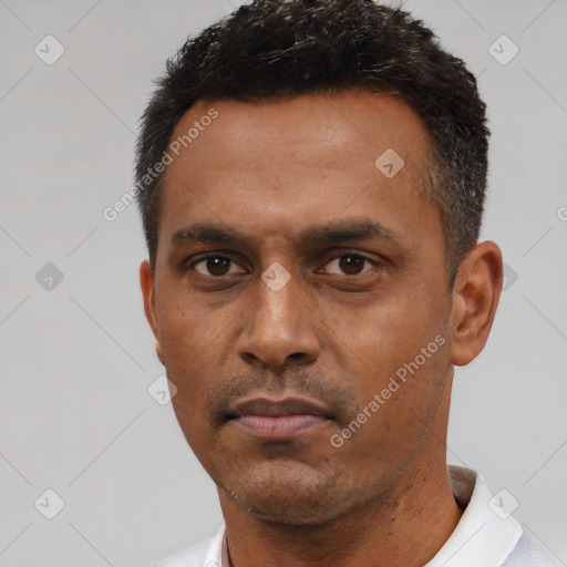 Neutral white adult male with short  black hair and brown eyes