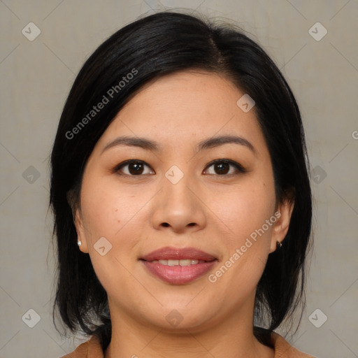 Joyful asian young-adult female with medium  brown hair and brown eyes