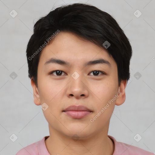 Neutral asian young-adult female with short  black hair and brown eyes