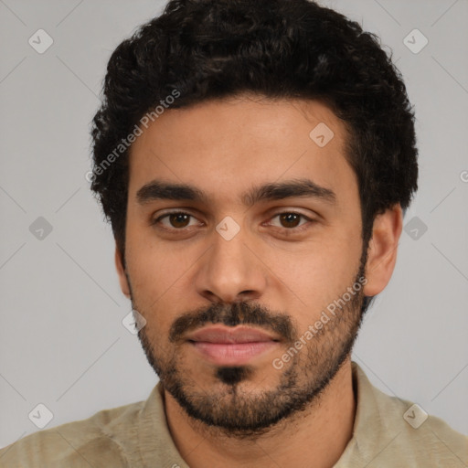 Neutral latino young-adult male with short  black hair and brown eyes