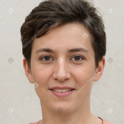 Joyful white young-adult female with short  brown hair and brown eyes