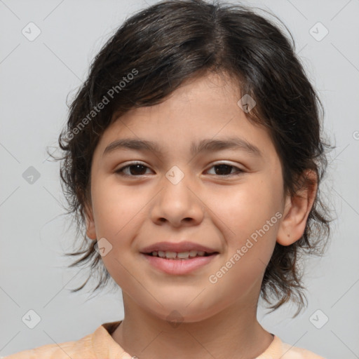 Joyful white child female with medium  brown hair and brown eyes