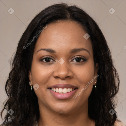 Joyful latino young-adult female with long  brown hair and brown eyes