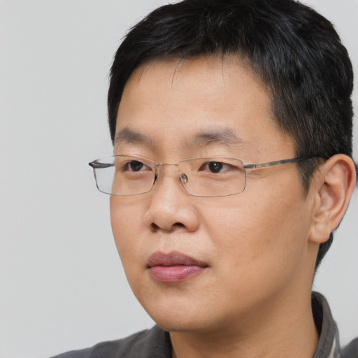 Neutral asian adult male with short  black hair and brown eyes