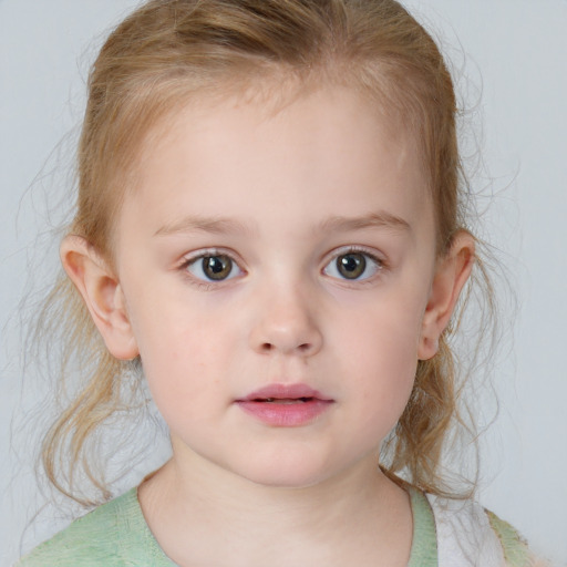 Neutral white child female with medium  brown hair and blue eyes