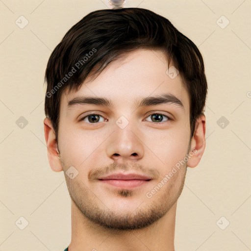 Joyful white young-adult male with short  brown hair and brown eyes