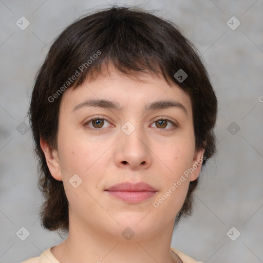 Neutral white young-adult female with medium  brown hair and brown eyes