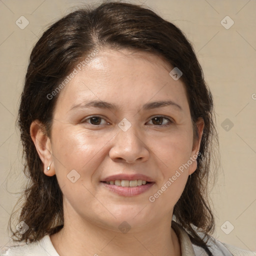 Joyful white young-adult female with medium  brown hair and brown eyes