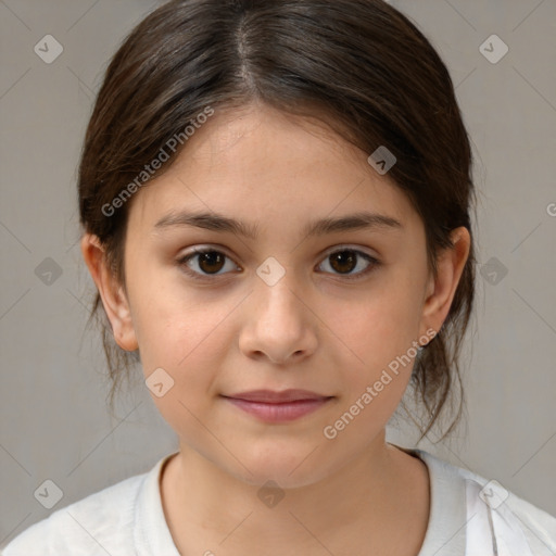 Joyful white child female with medium  brown hair and brown eyes