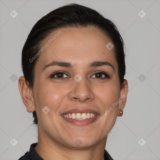 Joyful white young-adult female with short  brown hair and brown eyes