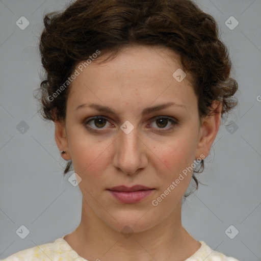 Joyful white young-adult female with medium  brown hair and green eyes