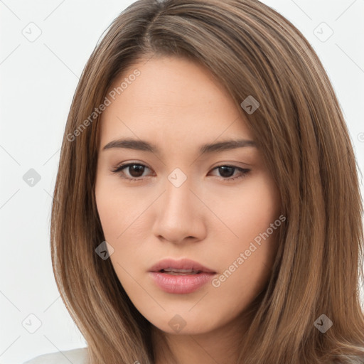 Neutral white young-adult female with long  brown hair and brown eyes