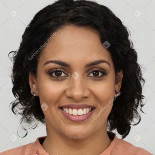 Joyful black young-adult female with medium  brown hair and brown eyes