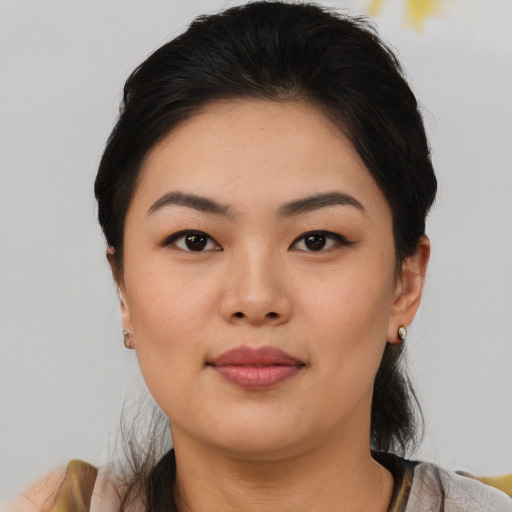 Neutral asian young-adult female with short  brown hair and brown eyes