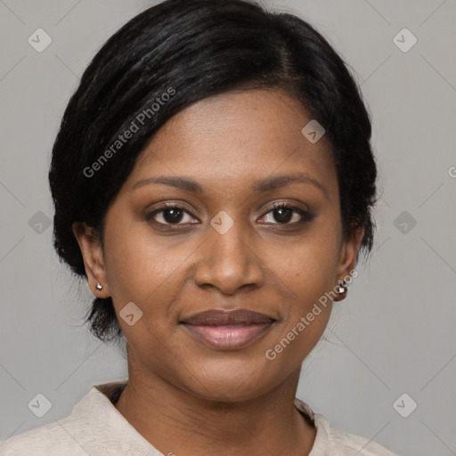 Joyful black young-adult female with medium  brown hair and brown eyes