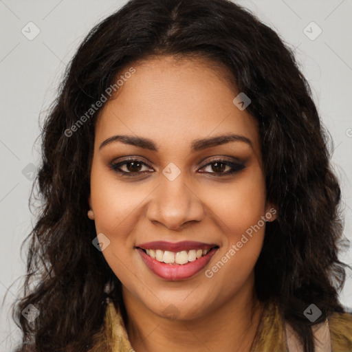 Joyful latino young-adult female with long  brown hair and brown eyes