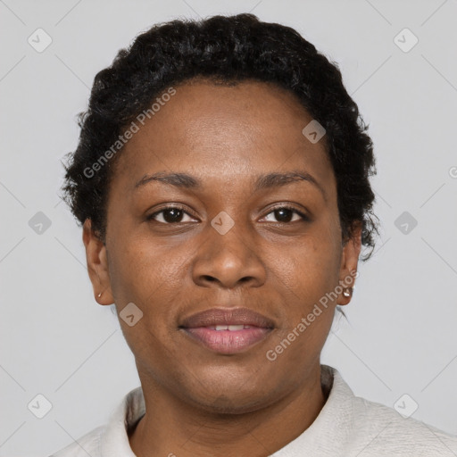 Joyful black adult female with short  brown hair and brown eyes