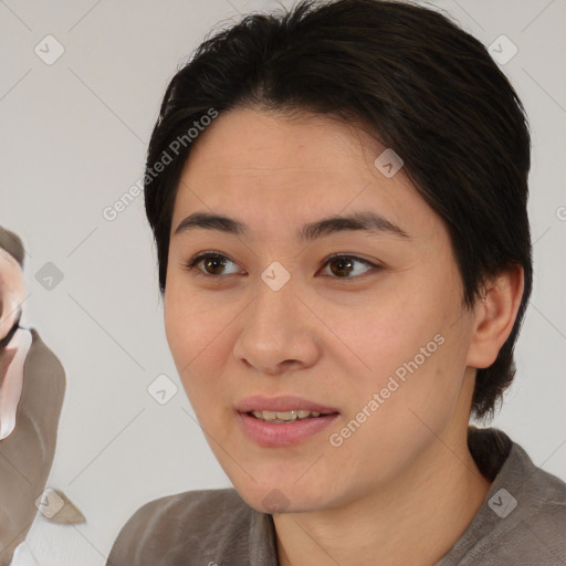 Joyful white young-adult female with medium  brown hair and brown eyes