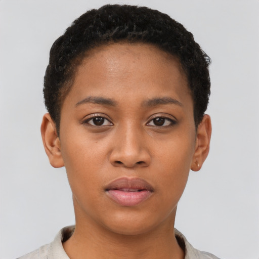 Neutral latino young-adult female with short  brown hair and brown eyes